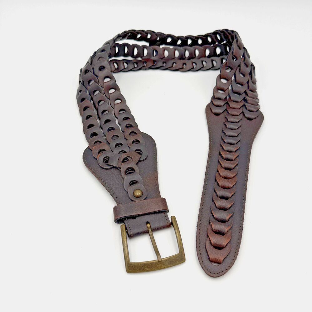 Italian Leather Belt Unique Vintage Boho Women’s Wide Brown Chain Braided 38”x3”